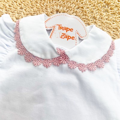 Body gola bordada - branco com grypir rose - Manga Curta